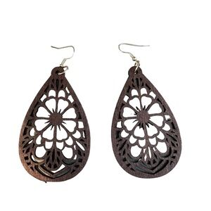 Boho Flower Teardrop Shaped Carved Wood Drop Earrings